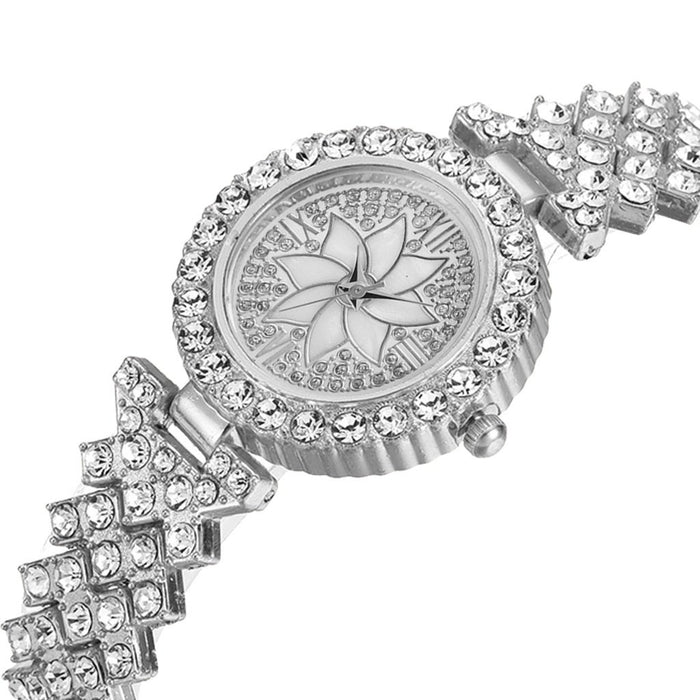 Full Rhinestone Woman's Watch Bracelet Set Luxury Silver Ladies Wristwatch Flower Pattern