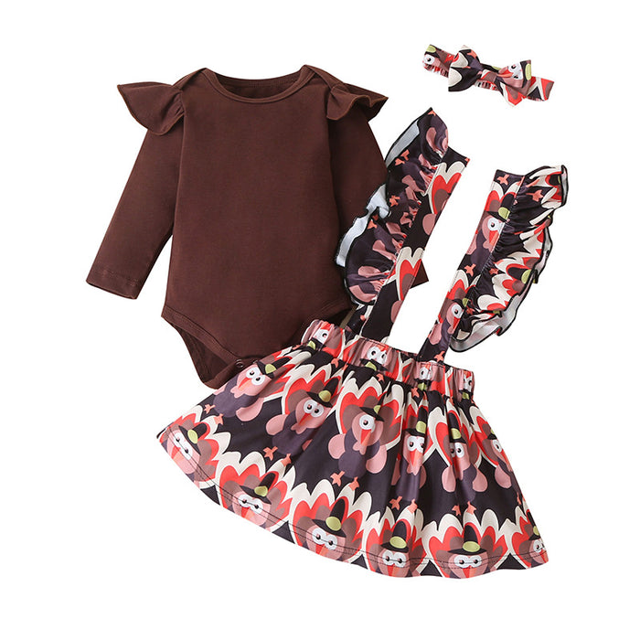 Printed solid color fly sleeve infant top Turkey flower skirt three piece set