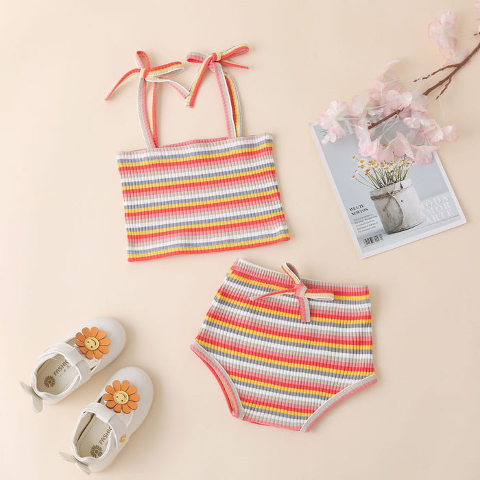 Color pit stripe sling + baby girl shorts two piece set