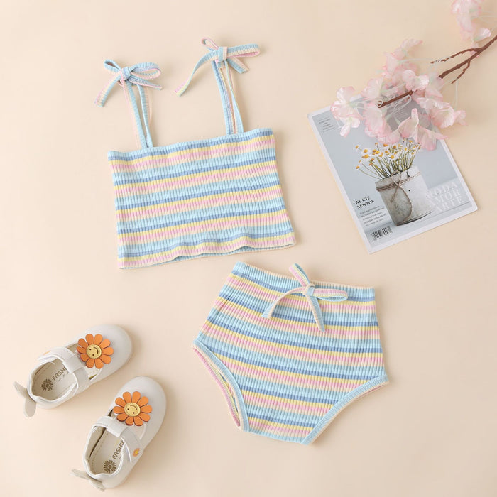 Color pit stripe sling + baby girl shorts two piece set