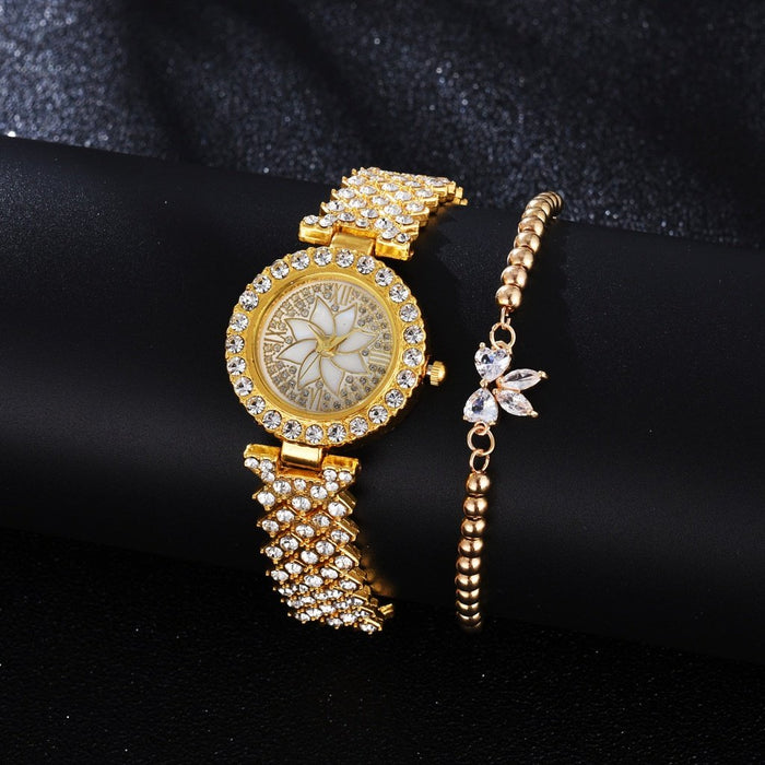 Full Rhinestone Woman's Watch Bracelet Set Luxury Silver Ladies Wristwatch Flower Pattern