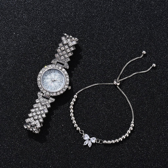 Full Rhinestone Woman's Watch Bracelet Set Luxury Silver Ladies Wristwatch Flower Pattern