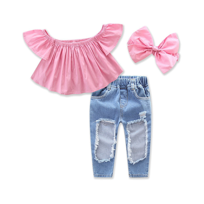 Girls' Pierced Jeans Top Set Free Headband