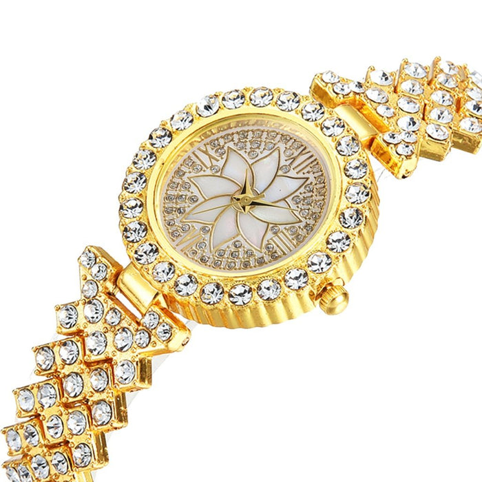 Full Rhinestone Woman's Watch Bracelet Set Luxury Silver Ladies Wristwatch Flower Pattern