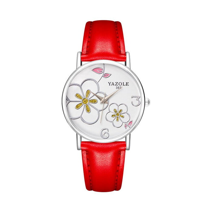 Women Watches Yazole Fashion Leather OL Style Plum Ladies Flower Quartz Watch