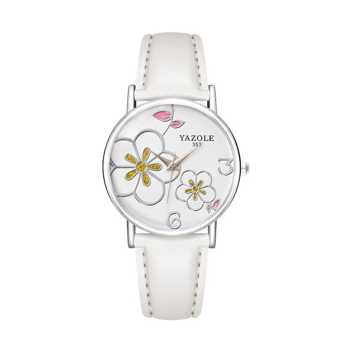 Women Watches Yazole Fashion Leather OL Style Plum Ladies Flower Quartz Watch