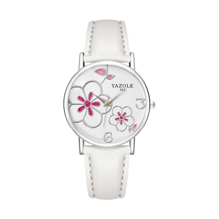 Women Watches Yazole Fashion Leather OL Style Plum Ladies Flower Quartz Watch