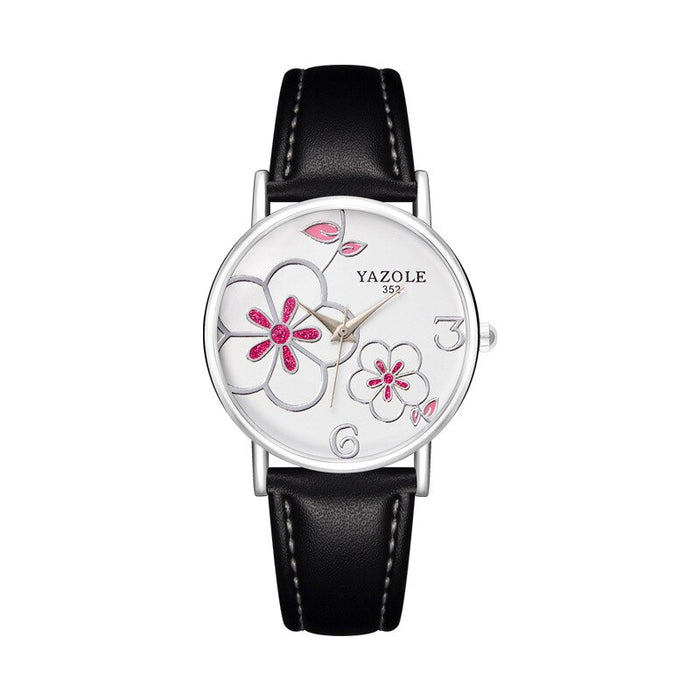 Women Watches Yazole Fashion Leather OL Style Plum Ladies Flower Quartz Watch