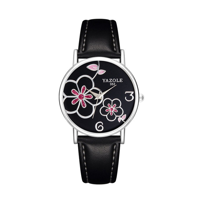 Women Watches Yazole Fashion Leather OL Style Plum Ladies Flower Quartz Watch