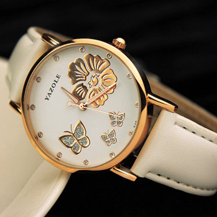 Fashion Yazole Butterfly Flower Bling Genuine Leather Quartz Wedding Women Wristwatches