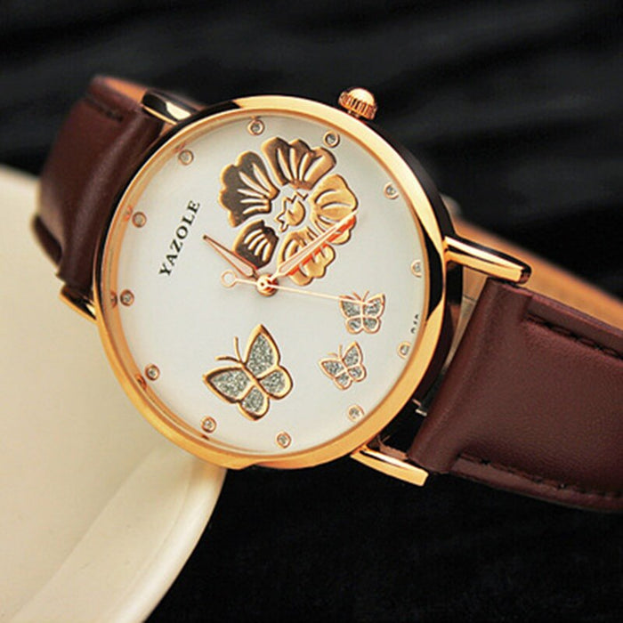 Fashion Yazole Butterfly Flower Bling Genuine Leather Quartz Wedding Women Wristwatches