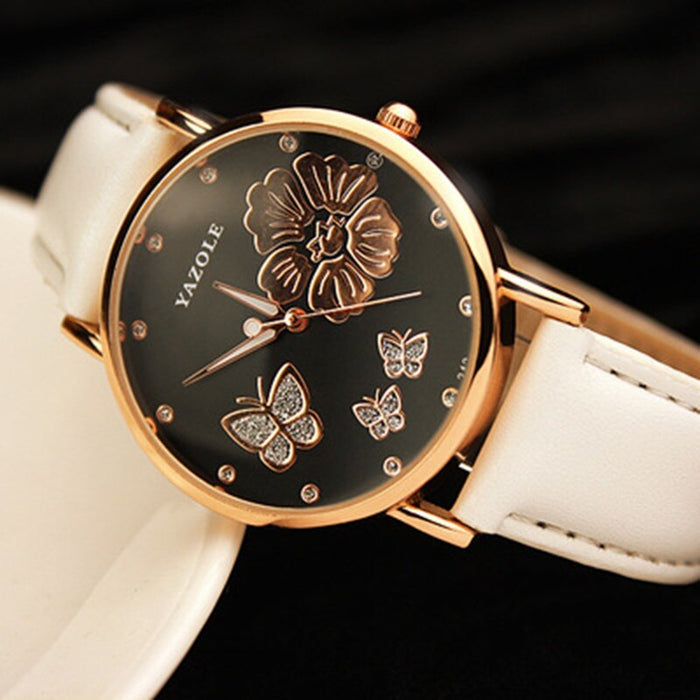 Fashion Yazole Butterfly Flower Bling Genuine Leather Quartz Wedding Women Wristwatches