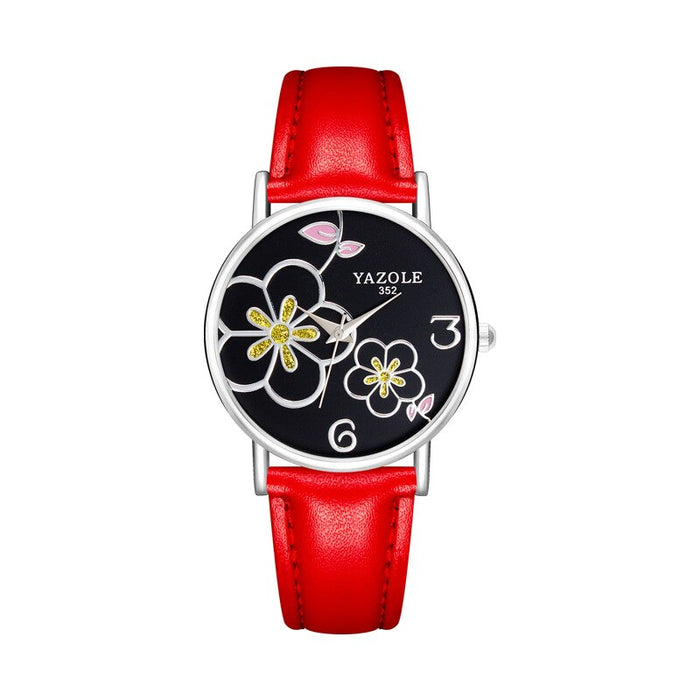 Women Watches Yazole Fashion Leather OL Style Plum Ladies Flower Quartz Watch