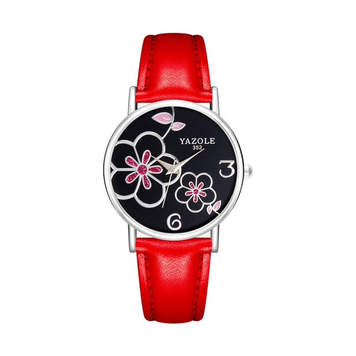 Women Watches Yazole Fashion Leather OL Style Plum Ladies Flower Quartz Watch