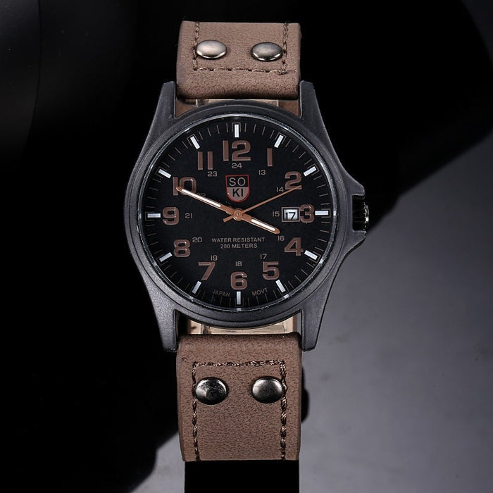 SOKI Men Watches Casual Leather Strap Number Dial Quartz Wristwatch