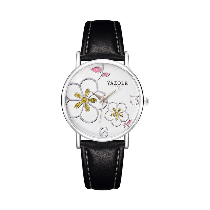 Women Watches Yazole Fashion Leather OL Style Plum Ladies Flower Quartz Watch