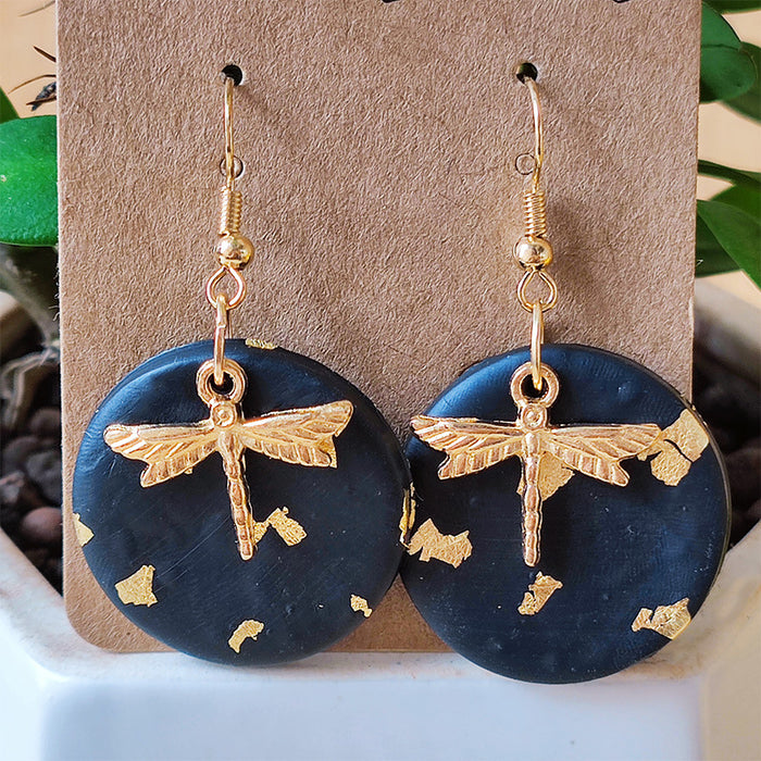 Handmade Dragonfly Gold Foil Advanced Vintage Round Soft Pottery Earrings