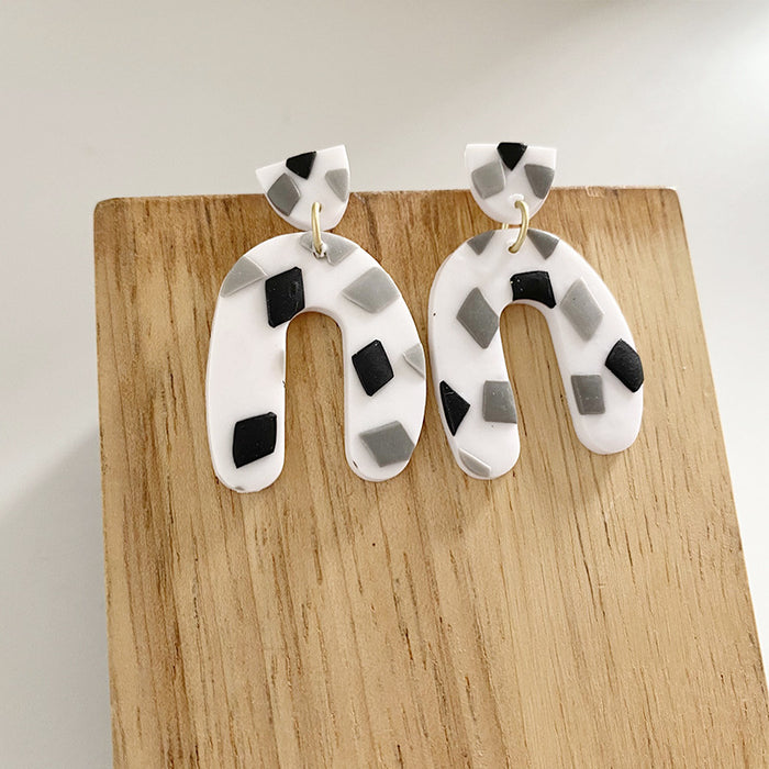 Handmade Soft Pottery Black and White Gray Geometric Earrings Jewelry