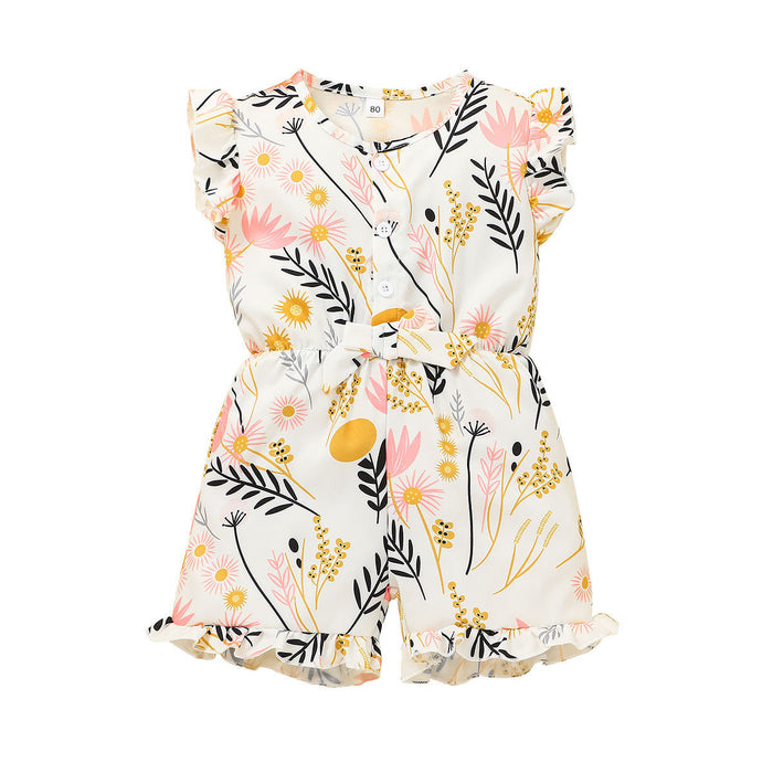 Girls' Summer Printed Shorts Jumpsuit