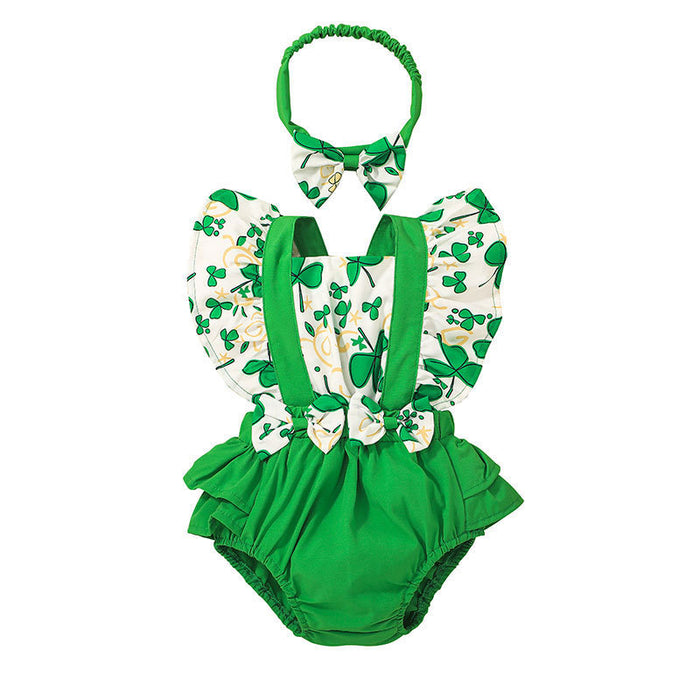 Baby Summer Green Leaves Jumpsuit Headband Set