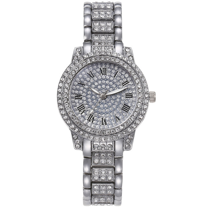 Leisure Full Diamond Retro Roman Disc Steel Band Watch Llz20797