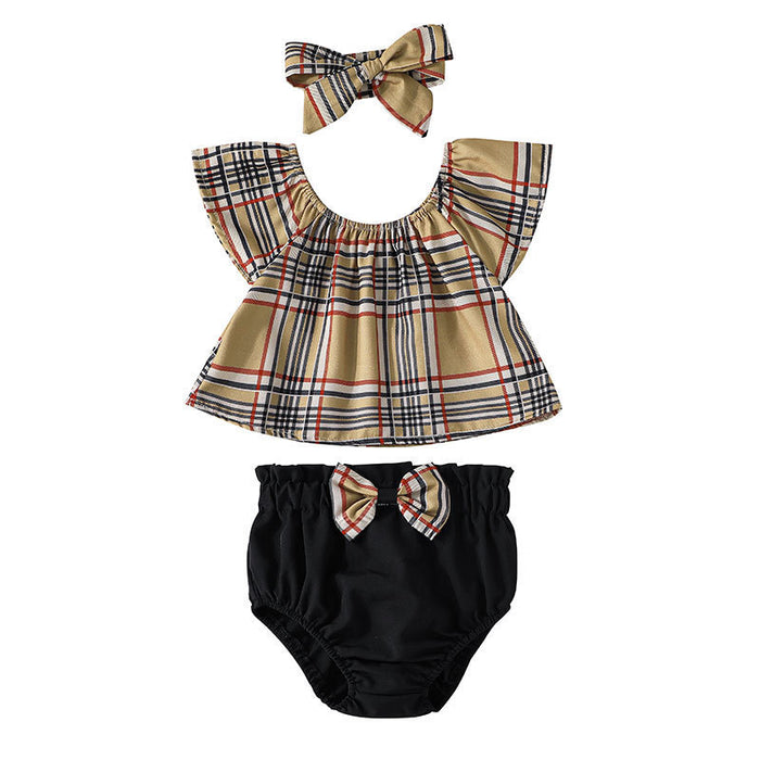 Baby Plaid Sleeveless Top + Briefs + Headscarf 3 Set