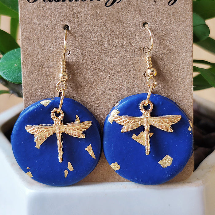 Handmade Dragonfly Gold Foil Advanced Vintage Round Soft Pottery Earrings