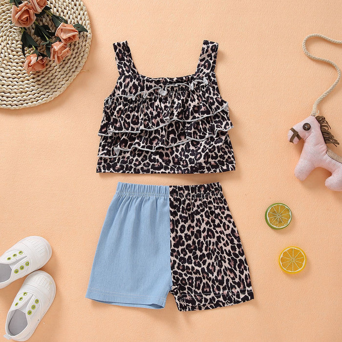 Leopard suspender top with patchwork shorts two piece set