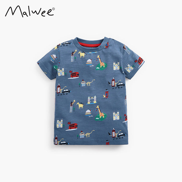 Boys' cartoon cotton short sleeve handsome top round neck T-shirt