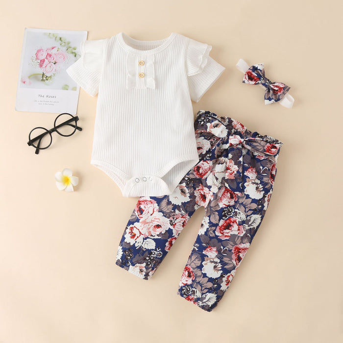 Children's wear solid color pit strip ha clothes broken flower pants three piece set