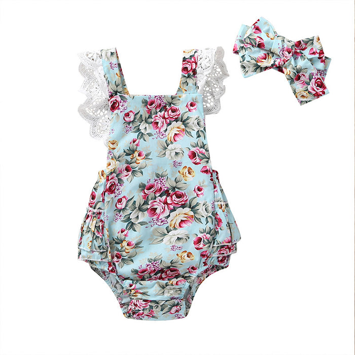 Baby Floral Bow Jumpsuit With Headband