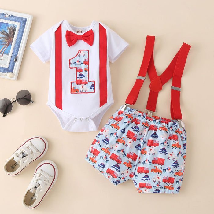 Short sleeve strap cartoon car shorts two piece set