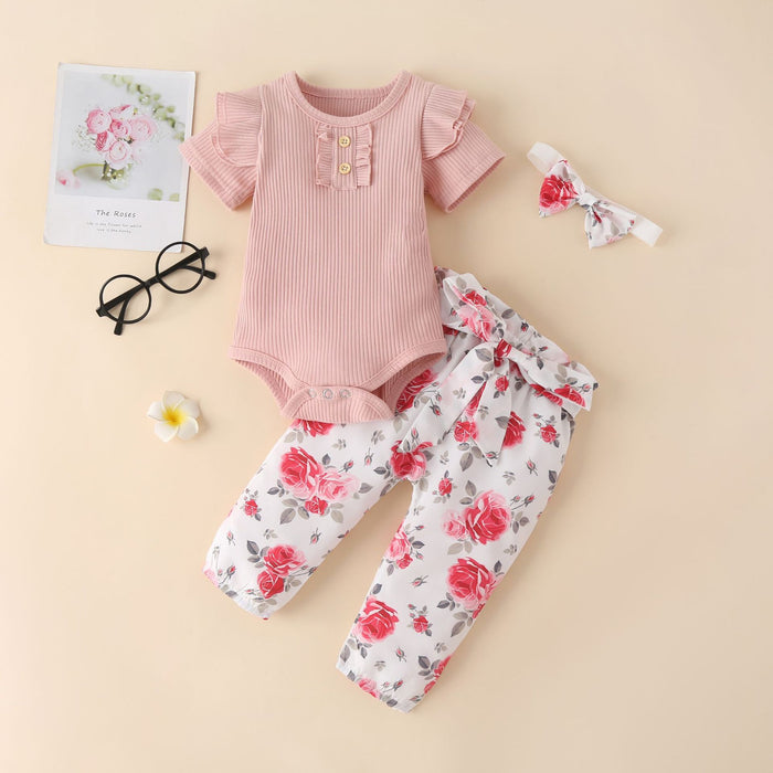 Children's wear solid color pit strip ha clothes broken flower pants three piece set