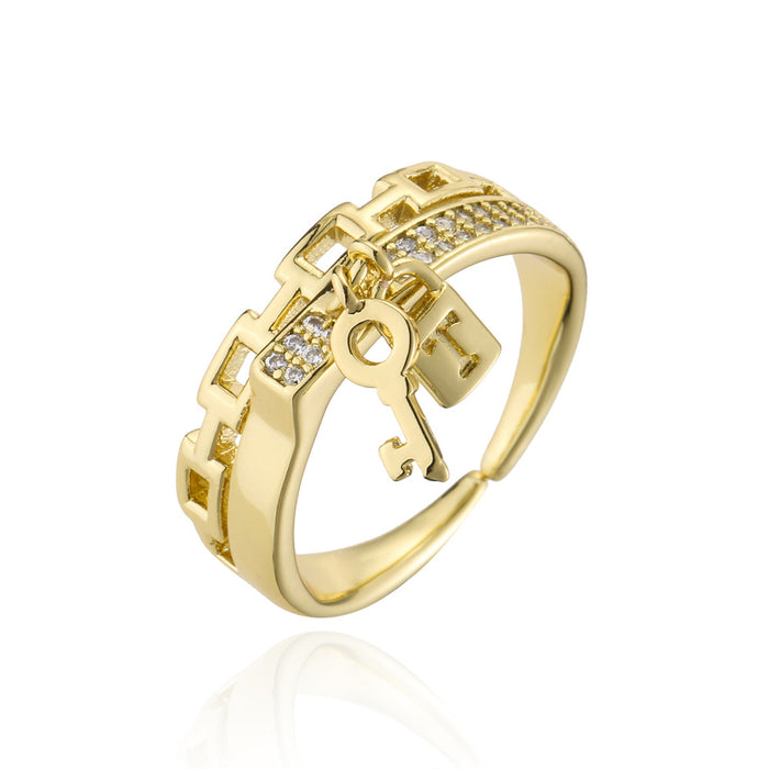 Mechanical Style Chain Key Lock Geometric Opening Ring