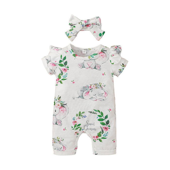 Printed Short Sleeved Baby Jumpsuit Headband Set