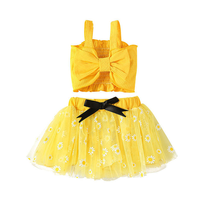 Summer Girls Mesh Skirt Sweet Baby Suspender + Printed Skirt Two-piece Set