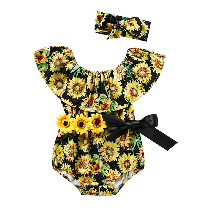 Summer Baby Girls Flower Bodysuit Headband Set