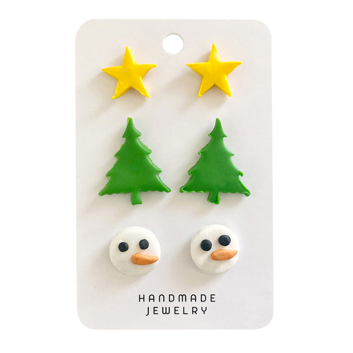 Soft pottery Snowman star gold foil simple handmade earrings set