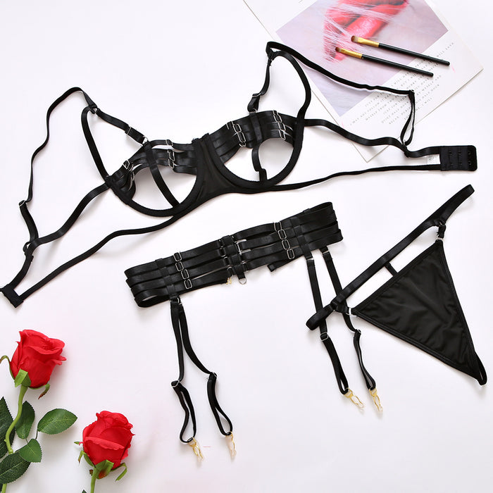 Women's Hollow Sexy Lingerie Underwear Three-piece Set