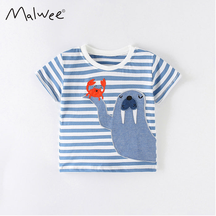 Boys cartoon cotton short sleeve round neck stripe T-shirt