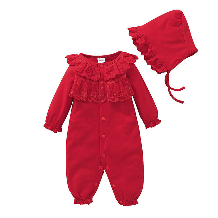 Red Baby Girls Lace Decorate Jumpsuit With Hat