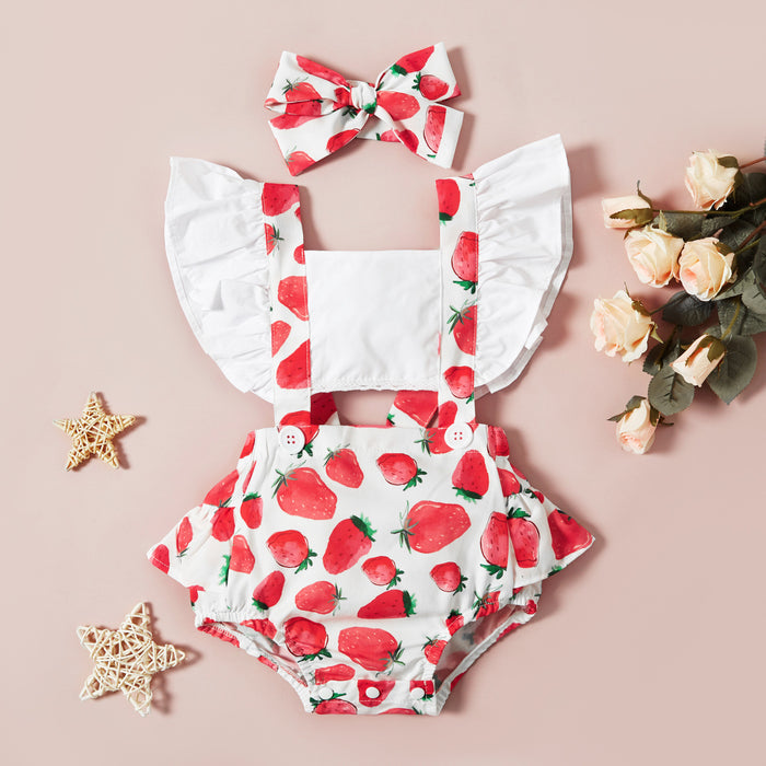 Watermelon strawberry printed baby backless lace up climbing suit two piece set