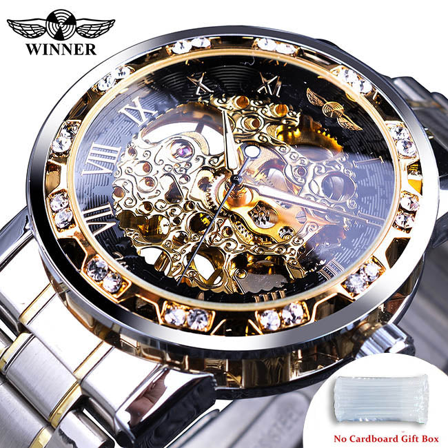 Winner Watch Men's Fashion Casual Hollow Rhinestone Manual Mechanical Watch