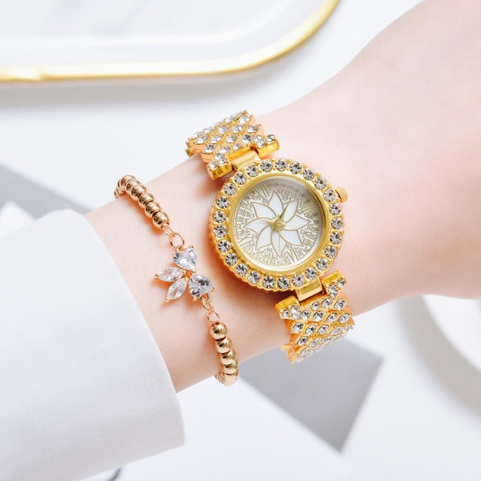 Full Rhinestone Woman's Watch Bracelet Set Luxury Silver Ladies Wristwatch Flower Pattern