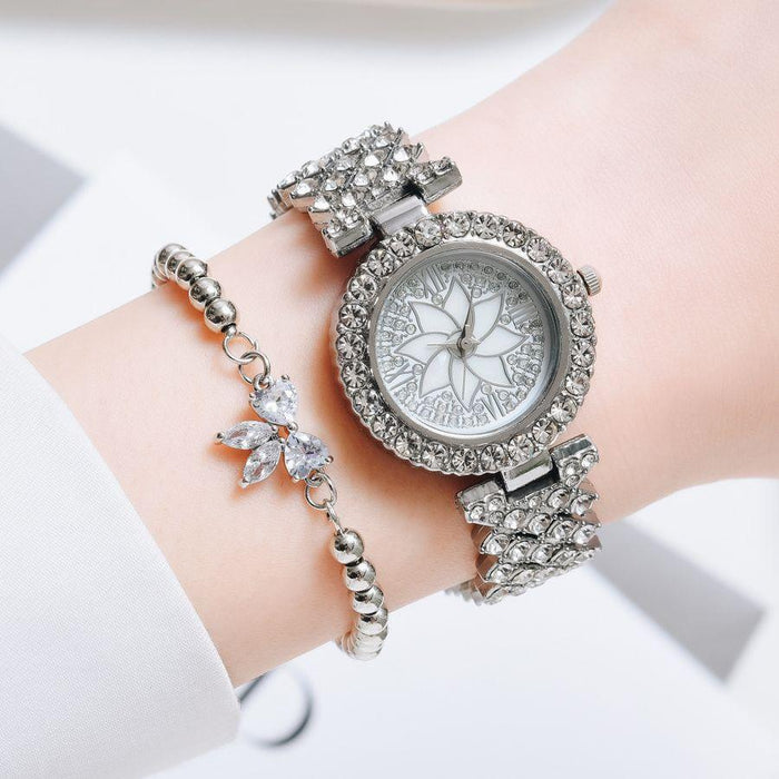 Full Rhinestone Woman's Watch Bracelet Set Luxury Silver Ladies Wristwatch Flower Pattern