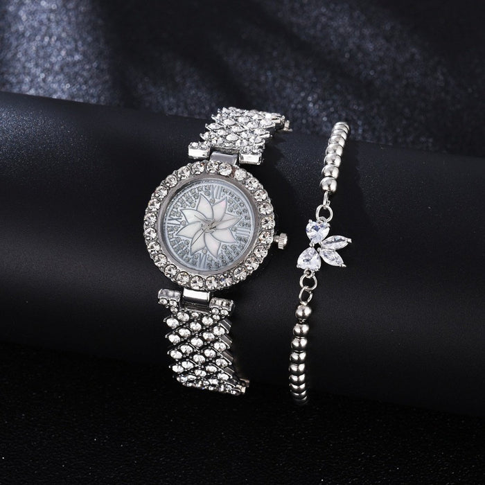 Full Rhinestone Woman's Watch Bracelet Set Luxury Silver Ladies Wristwatch Flower Pattern