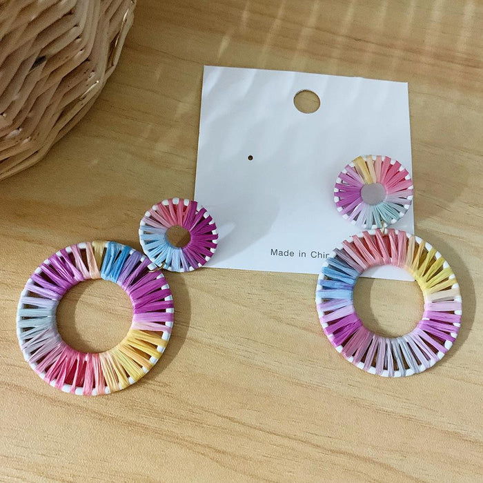 colourful Lafite Woven Geometric Double Round Earrings Jewelry