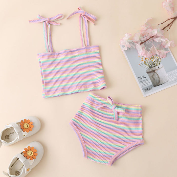 Color pit stripe sling + baby girl shorts two piece set