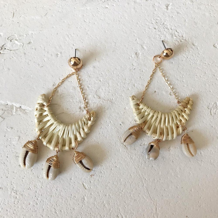 Rattan Woven Moon Ocean Wind Conch Earrings Jewelry