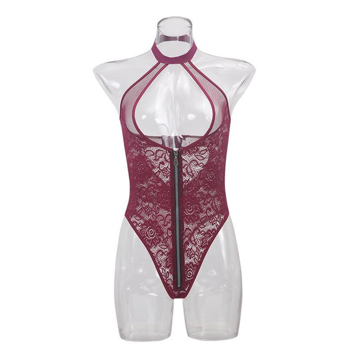 Sexy Lingerie Women's Lace Front Closure Halter Bodysuit